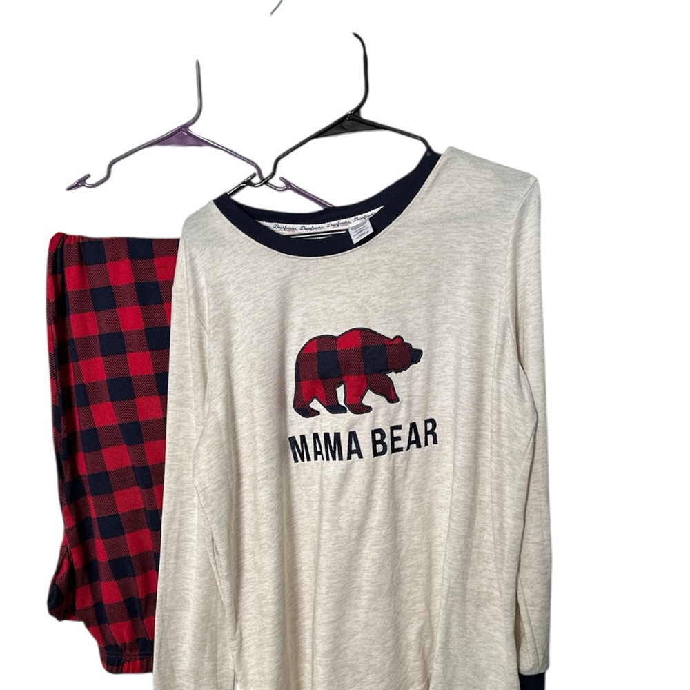 DEARFOAMS - Mama Bear Pajama Set - Cream and Red/Navy Plaid